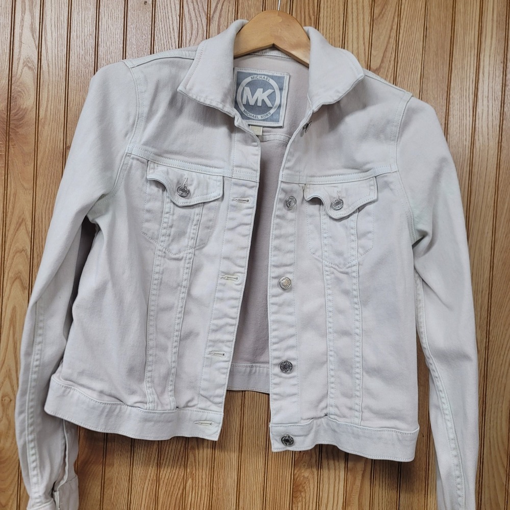 Michael Kors Womens Off White Denim Trucker Jacket Size M Cream Silver Hardware